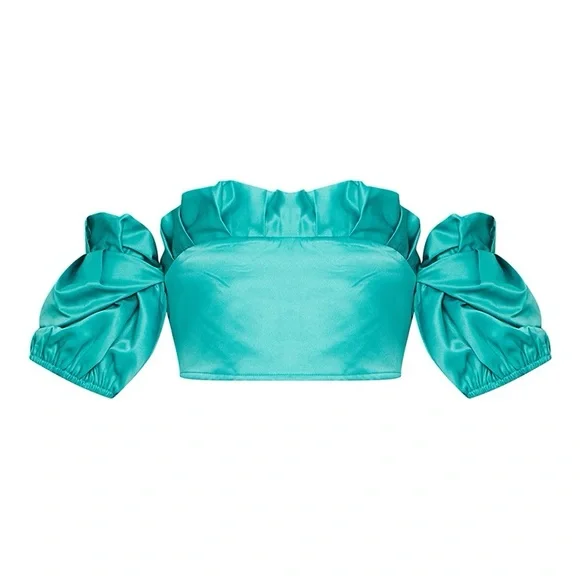 Teal Satin Frill Top Edge Puff Sleeve Crop Top (PrettyLittleThing) - US2 / UK 6 - Picture 5 of 6